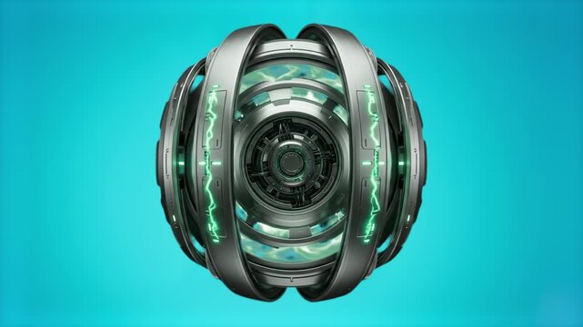 High-detail 3D render of a sci-fi mechanical sphere core with active green electricity lines, set against a vibrant cyan background. Perfect for cyberpunk character/UI design, futuristic tech concepts