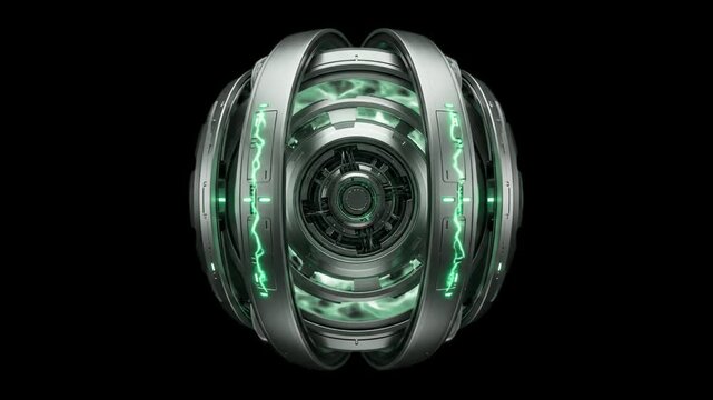 A detailed 3D render of a futuristic mechanical sphere glowing with green electric energy against a dark black background. Great for cinematic sci-fi overlays, motion graphics, and technological visua