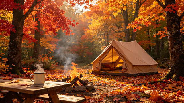 A picturesque autumn campsite featuring a tent and campfire surrounded by vibrant orange and red maple leaves in a sunny forest clearing.
