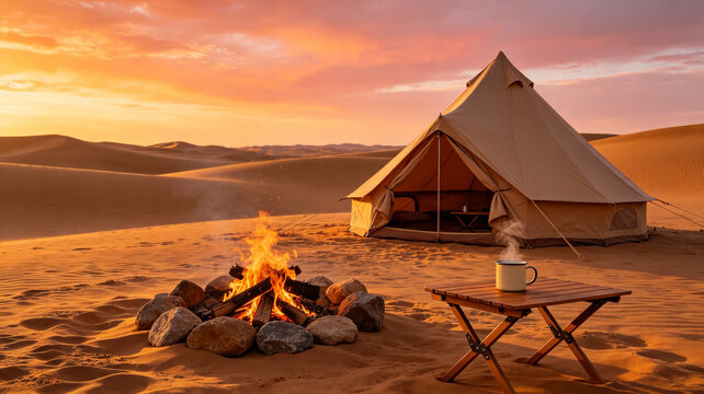 A cozy glamping setup in the desert featuring a bell tent, a warm campfire, and a steaming mug on a table at sunset amidst rolling sand dunes.