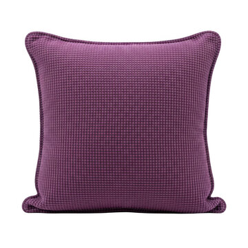 Purple velvet decorative throw pillow with square pattern isolated on transparent background