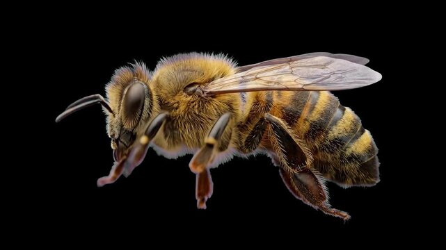 A close-up 3D render of a detailed honeybee standing still against a solid dark black background. Great for cinematic nature overlays, biological presentations, and educational videos.
