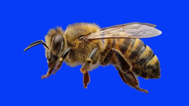 A detailed macro 3D animation of a honeybee standing motionless in profile against a solid blue background. Designed for chroma keying, educational documentaries, and biological media.