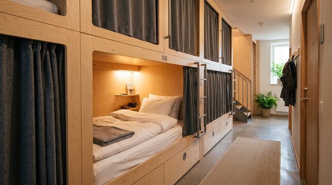 Wooden capsule bunk beds in cramped quarters showcase efficient modern minimalist hostel design with warm cozy lighting for affordable travel concept