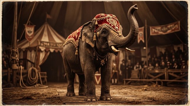 A decorated circus elephant trunk raised up stands in the center ring of a vintage tent under warm sepia lighting for a nostalgic entertainment concept