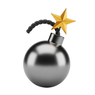 Round metal bomb with a burning fuse and a golden star icon isolated on transparent background