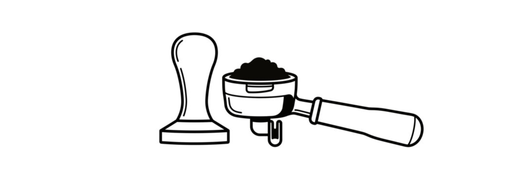 Line art illustration of an espresso coffee tamper and a portafilter filled with ground coffee.