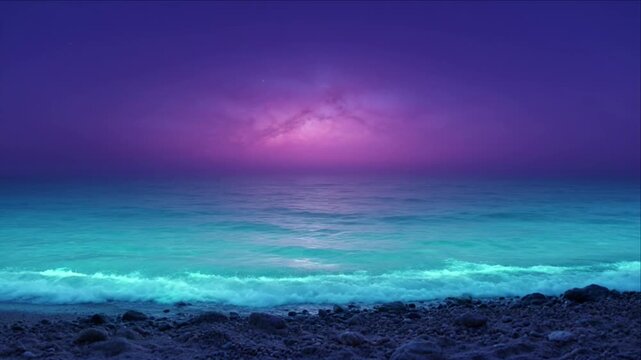 Luminous ocean wave shore pebble night seascape horizon gradient sky twilight background serenity fantasy purple turquoise water glow tranquil scene dreamy mood serene atmosphere