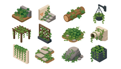 Isometric pixel art garden plants and decorations collection. © Kenn