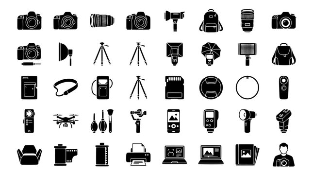 Set of professional photography and videography equipment icons including cameras, lighting, tripods, and editing software