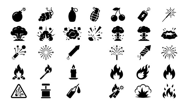 Set of black icons representing explosions, fireworks, fire, and pyrotechnics on a white background