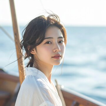 Portrait of a young woman on a boat at sea during a sunny summer day