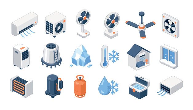 Collection of modern air conditioning and cooling systems icons.