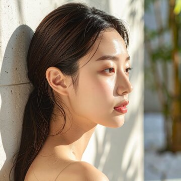 Portrait of a young woman with wet hair leaning against a wall in sunlight