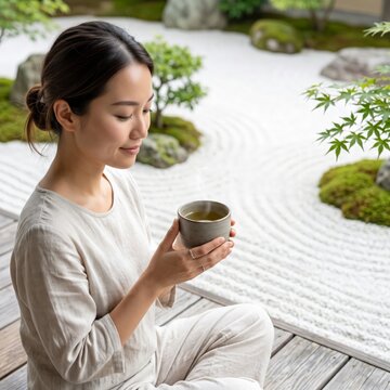 Woman Drinking Tea in Minimalist Zen Garden with Bonsai and White Sand Patterns