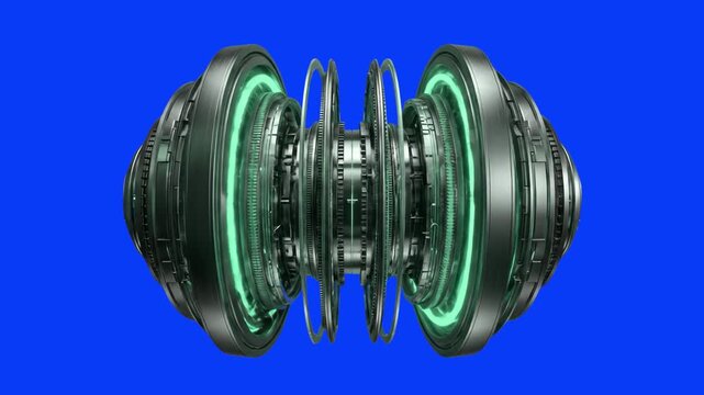 Detailed 3D model of a high-tech sci-fi cylinder reactor core with glowing green lights, isolated on a bright solid blue background. Ideal for space technology video compositing, sci-fi game UI, futur