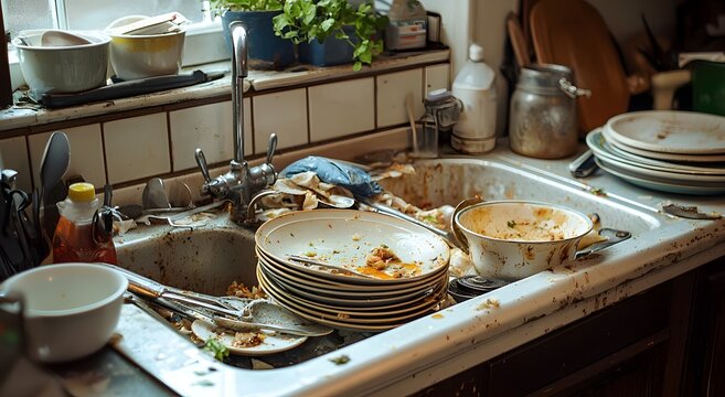 Untidy kitchen sink surrounded by messy dishes and utensils image