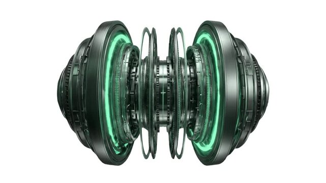 A detailed 3D render of a sci-fi cybernetic reactor core with glowing green lights, isolated on a white background. Designed for futuristic technology presentations, UI design, and game development as