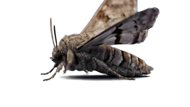 A detailed macro 3D render of a brown moth standing in profile against a clean white background with a shadow. Ideal for commercial graphics, educational materials, and scientific presentations.