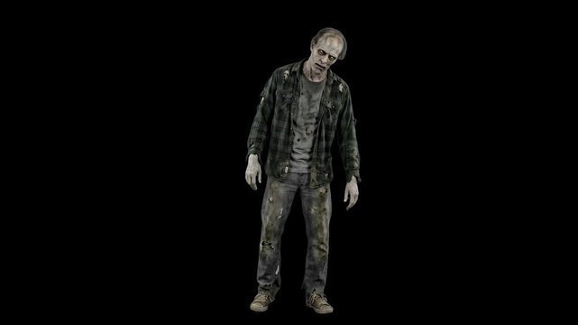 A eerie 3D model of a creepy zombie character in worn clothes standing in a limp, lifeless pose isolated against a solid black backdrop. Designed for high-contrast horror graphics, dark movie intros, 