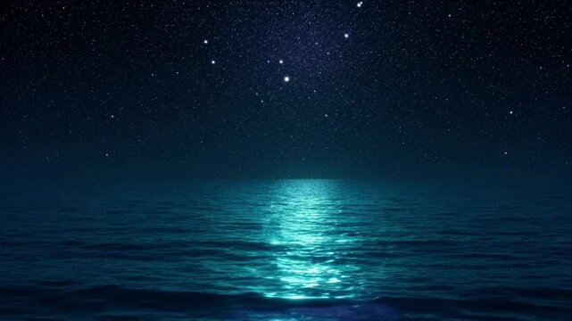Luminous ocean background with night sky star reflection on calm water horizon, tranquil seascape landscape fantasy scene minimal art dreamy serene nature scene