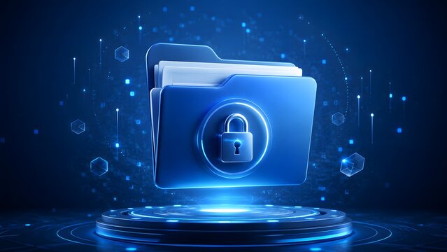 Floating digital folder with a secure padlock symbol displayed on a futuristic glowing pedestal representing premium cloud storage encryption and high level cybersecurity data protection.