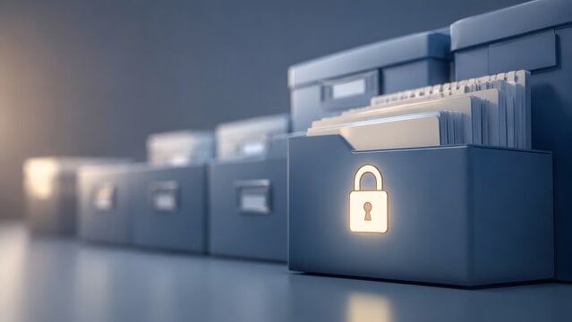 Organized secure filing cabinet concept with a glowing digital padlock on dark blue folders highlighting modern document archiving solutions and confidential corporate data classification.