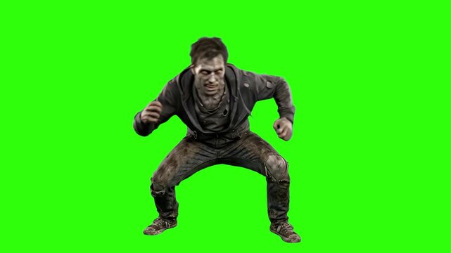 A terrifying 3D model of an aggressive male zombie in tattered clothes, crouching in a hostile attack stance isolated on a bright chroma key green screen background. Ideal for horror movies, post-apoc