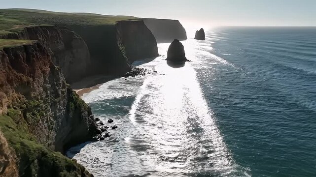 Dramatic coastal cliffs with ocean, sea stacks, and hiking path