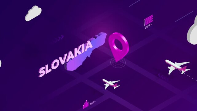 Isometric Design, Slovakia Map Silhouette Location Pin and Airplanes on Purple Animation, Travel Background