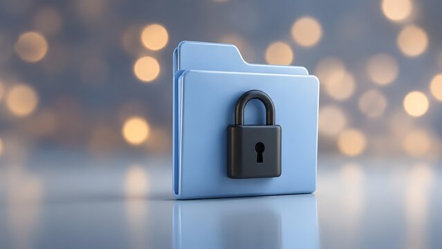 Secure physical document storage concept featuring blue archive folder locked with heavy black padlock representing sensitive corporate information protection, business data privacy, and compliance.