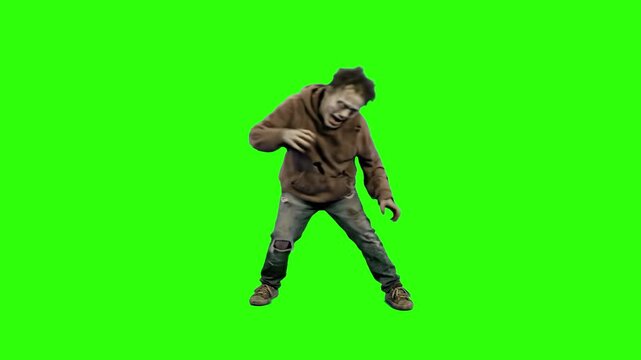 Full-body 3D render of a male zombie wearing a hoodie, crouching in a low stance on a green screen background. Perfect for modern horror assets.