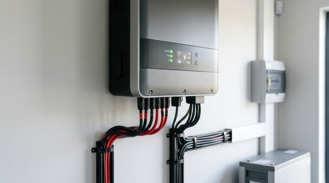 Close-up of a modern power inverter installed on a wall, showcasing its sleek design and efficient wiring for energy management.