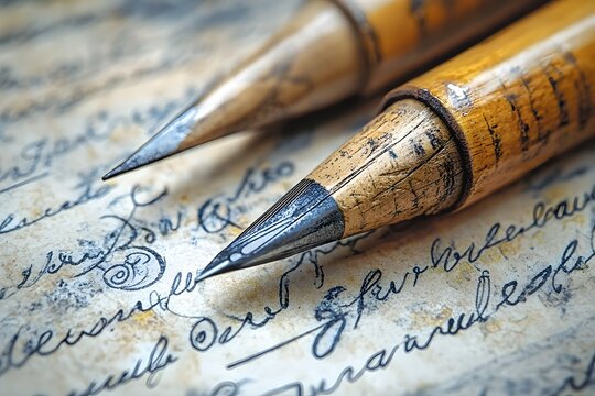 Vintage fountain pen on handwritten manuscript with antique style image