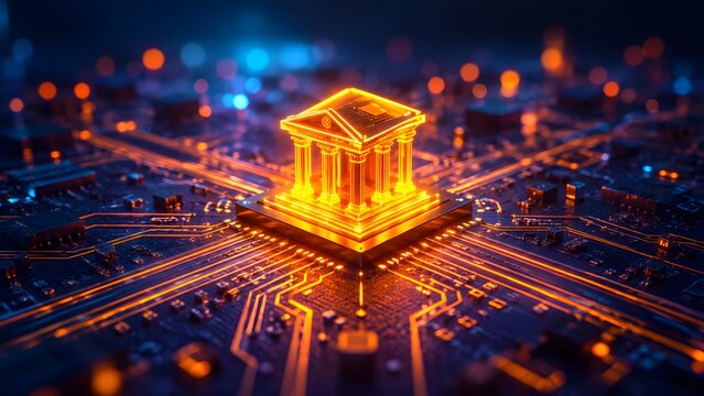 Modern financial technology ecosystem featuring illuminated governance building on electronic motherboard highlighting decentralized digital currency operations and secure fintech networking.