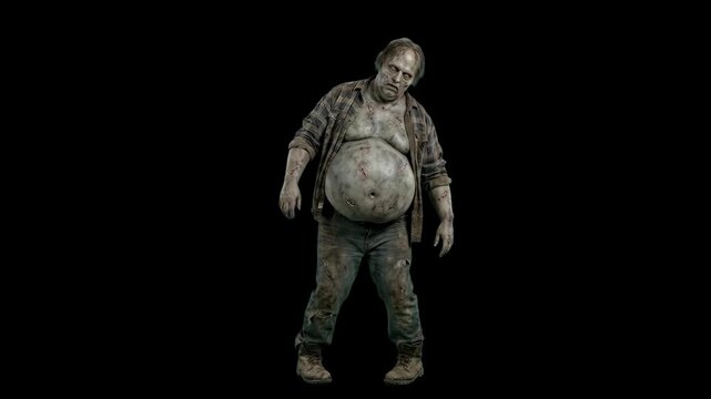 Full-body 3D render of an overweight, bloated zombie standing still against a black background. Designed for cinematic horror overlays and game development.