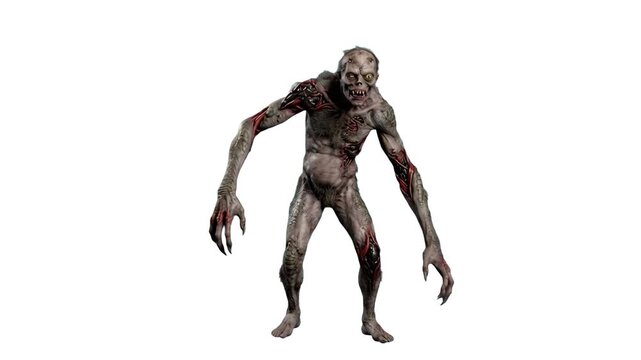 A detailed 3D model of a creepy zombie monster creature with long limbs and undead features standing, isolated against a solid white studio backdrop. Designed for horror movie trailers, Halloween prom