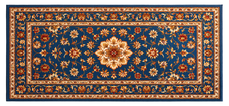 Blue ornate traditional rug with floral patterns, isolated on transparent background, png