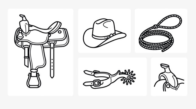 Western cowboy gear icons featuring saddle hat and spurs.
