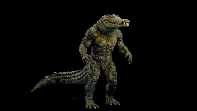 A 3D render of a standing humanoid alligator monster on a black background. Great for horror game design, fantasy VFX, and cinematic overlays.