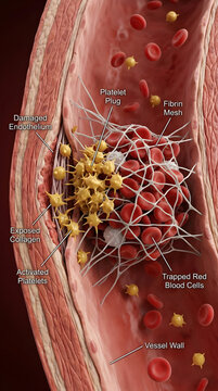 Blood clot formation in human artery. Thrombosis medical illustration of fibrin mesh.