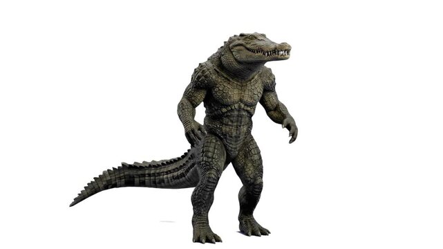 A formidable 3D reptilian humanoid crocodile creature standing upright with strong scales and a thick tail, isolated on a white backdrop. Suitable for sci-fi monster art, fantasy RPG assets, reptile c