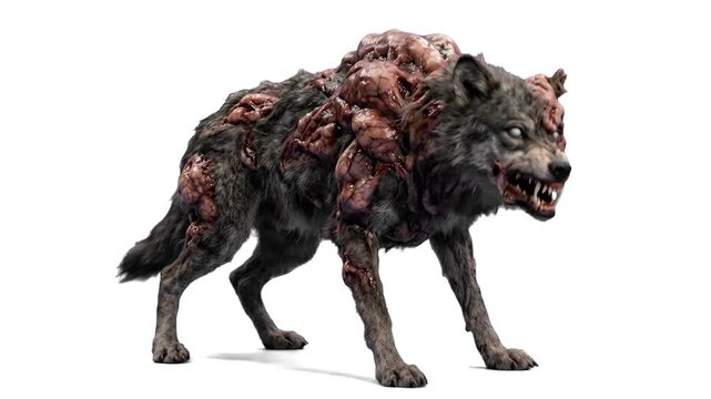 A scary 3D mutated werewolf beast featuring grotesque growths, sharp teeth, and dark fur, isolated on a white background. Perfect for horror game design, Halloween promos, monster concept art, and apo