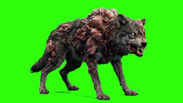A detailed 3D animation of a mutated zombie wolf monster isolated against a solid chroma key green screen background. Perfect for horror movie compositing, visual effects keying, and game development 
