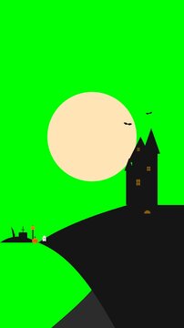A spooky silhouette of a haunted house on a hill under a large full moon. Bats fly across the green sky, and spooky elements dot the landscape, creating a perfect Halloween atmosphere