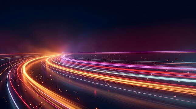 Dynamic glowing light streaks in fast motion representing hyper speed internet data flow and futuristic digital networking