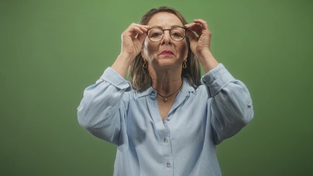 Senior woman with grey hair lifts eyeglasses toward her face while peering upward in a studio setting with green backdrop; calm focus.