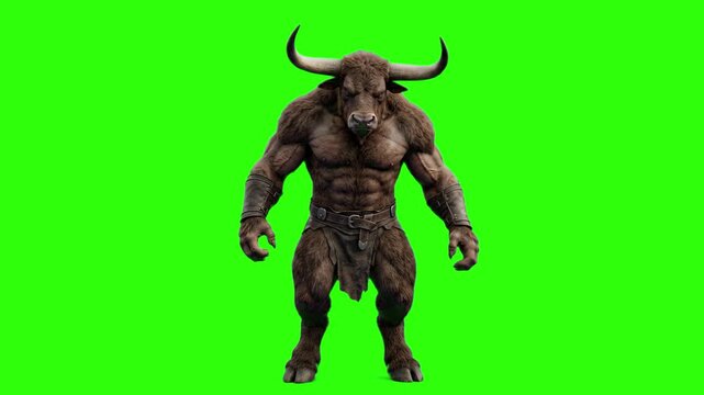 A full-body 3D render of a bull-headed minotaur standing on a green screen. Ideal for fantasy film VFX, game development, and video compositing.