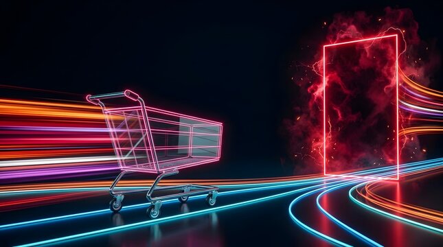 Glowing neon wireframe shopping cart speeding on light trails towards fiery red portal representing fast futuristic e-commerce delivery