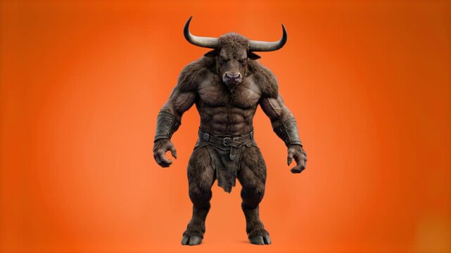 A fearsome 3D minotaur creature with large horns standing in a powerful pose isolated on a vibrant orange studio backdrop. Ideal for game trailers, fantasy poster designs, mythology videos, and digita